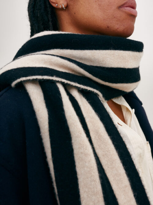 BRUSHED VERTICAL STRIPE SCARF BLACK & OATMEAL jo gordon shop online cover