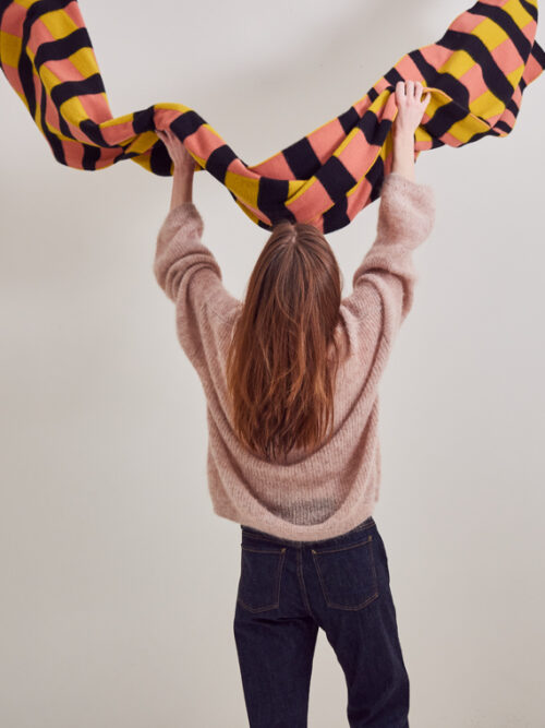 CHECK & STRIPE BRUSHED BLANKET SCARF TURMERIC & PLASTER shop jo gordon model