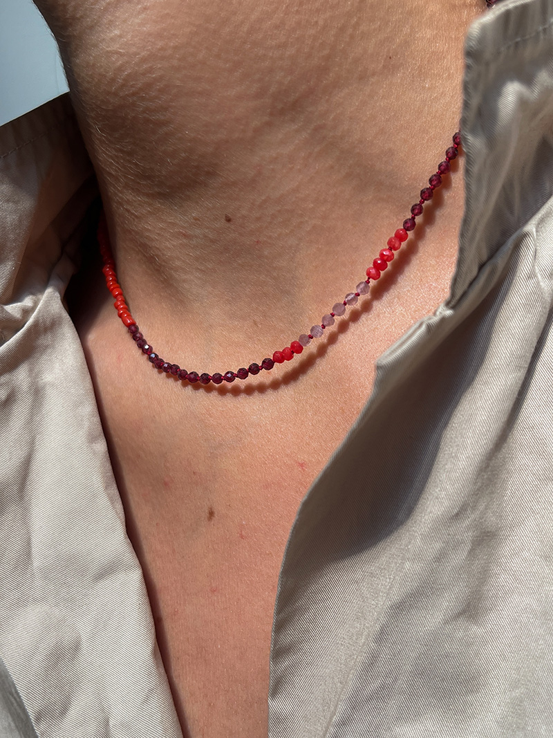 Garnet rose quartz necklace handmade beaded jewellery vintage jewellery
