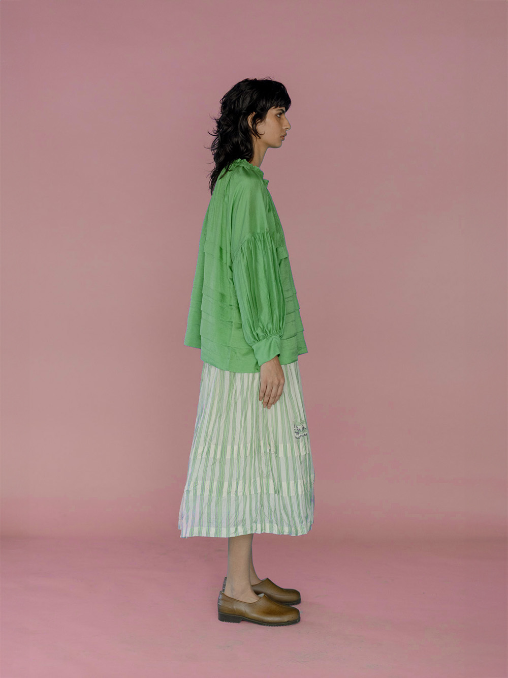 runaway bicycle Astrid blouse shamrock green pleated blouse close side