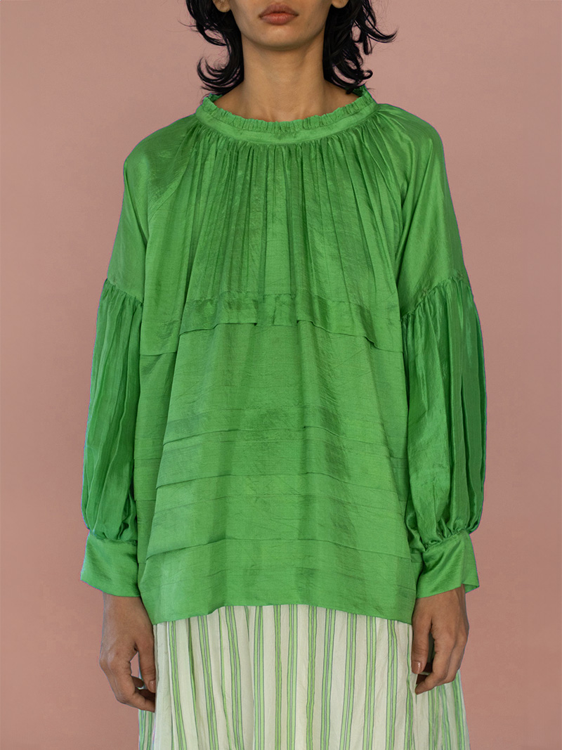 runaway bicycle Astrid blouse shamrock green pleated blouse close cover