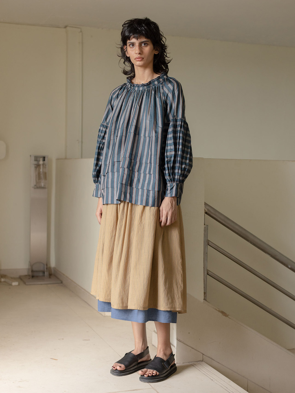runaway bicycle Astrid blouse CHARCOAL & AZZUL STRIPE pleated blouse full blouse