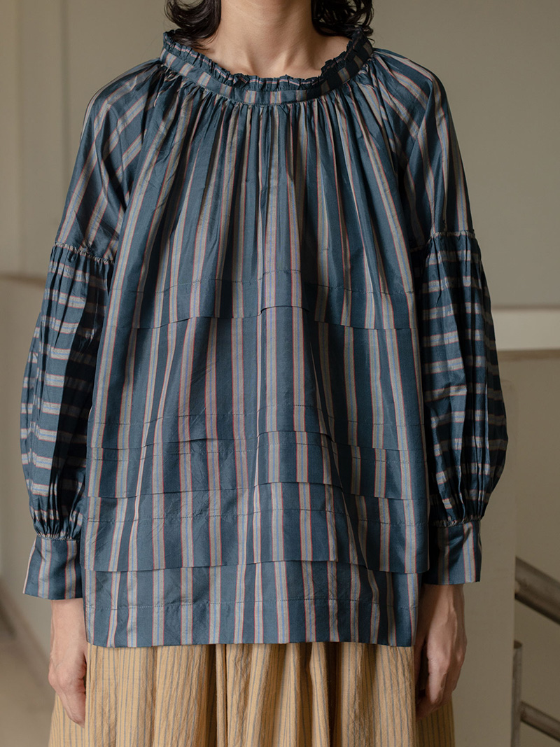 runaway bicycle Astrid blouse CHARCOAL & AZZUL STRIPE pleated blouse cover