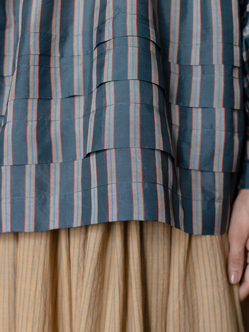 runaway bicycle Astrid blouse CHARCOAL & AZZUL STRIPE pleated blouse detail low