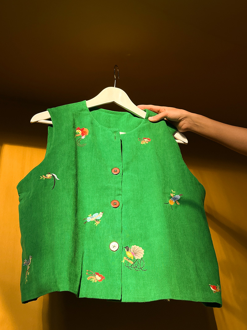 ROY - FOREST GREEN HAND EMBROIDERED VEST cotton CORDUROY runaway bicycle