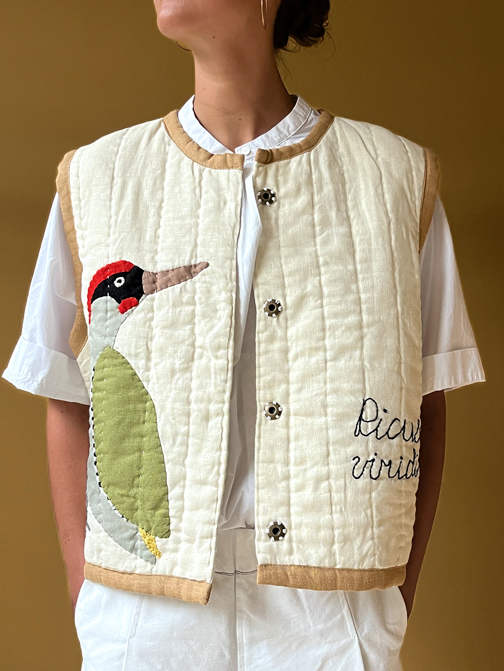 mossom jackets linen jackets quilt vests green woodpecker front