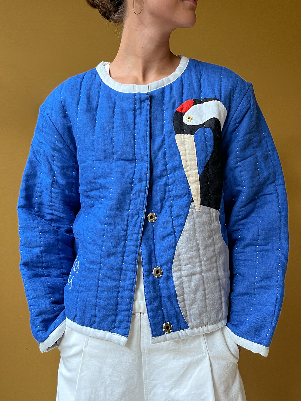 mossom jackets linen jackets quilt jackets crane bird grus front
