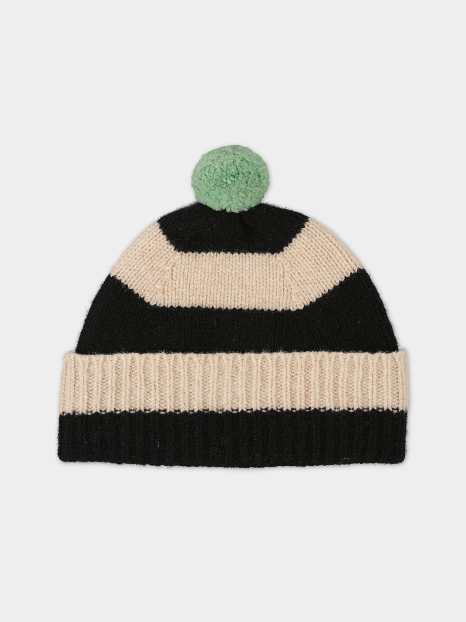 stripe pompom hat black & oatmeal jo gordon lamb wool