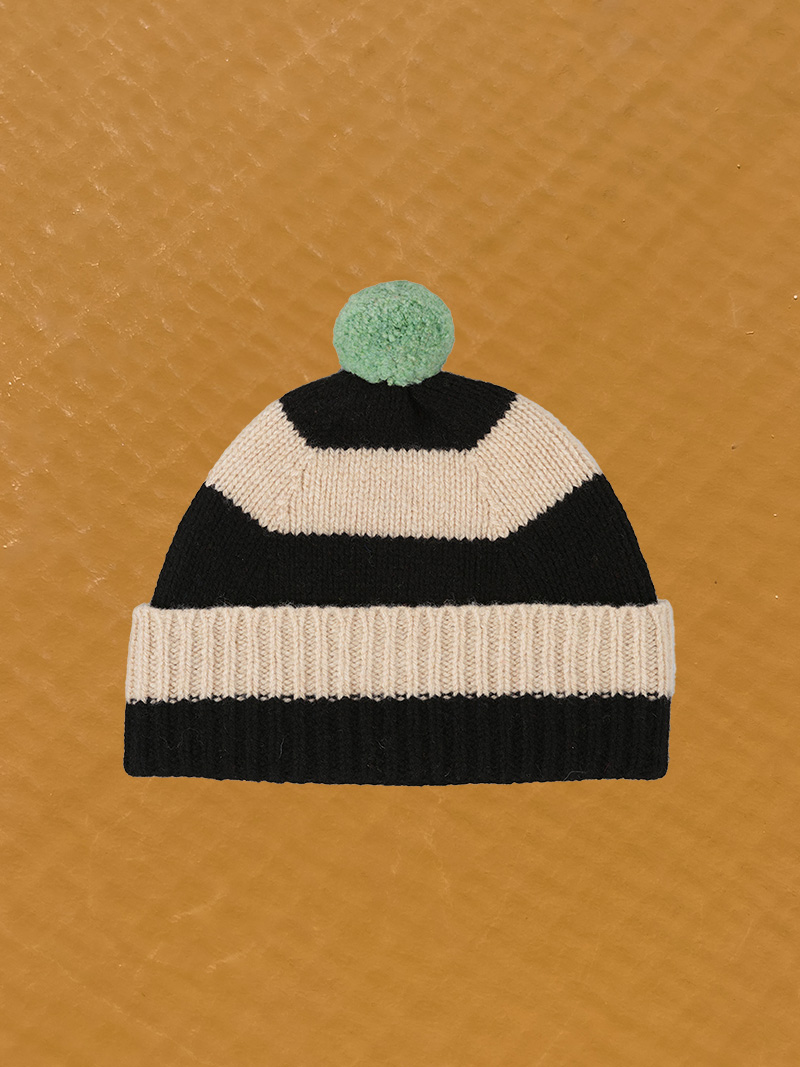 stripe pompom hat black & oatmeal jo gordon lamb wool