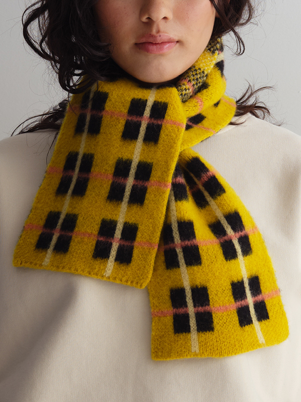 SMALL BRUSHED TARTAN SCARF TURMERIC jo gordon knitwear cover model