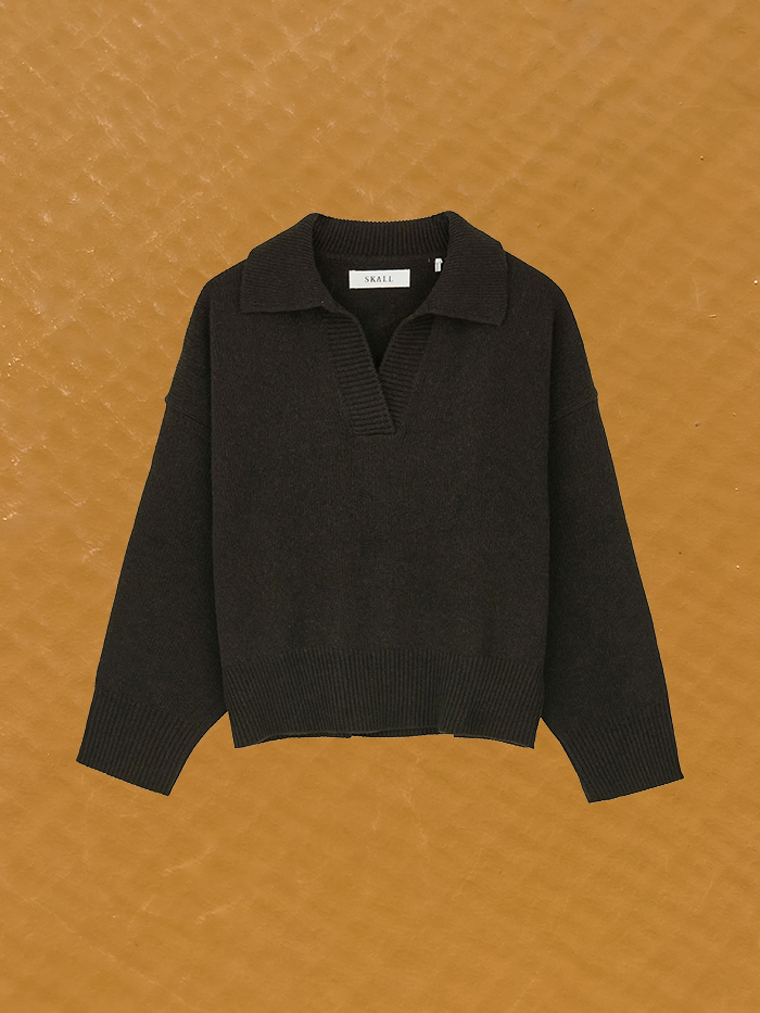 Dean V-neck jumper deep brown skall studio wool cover