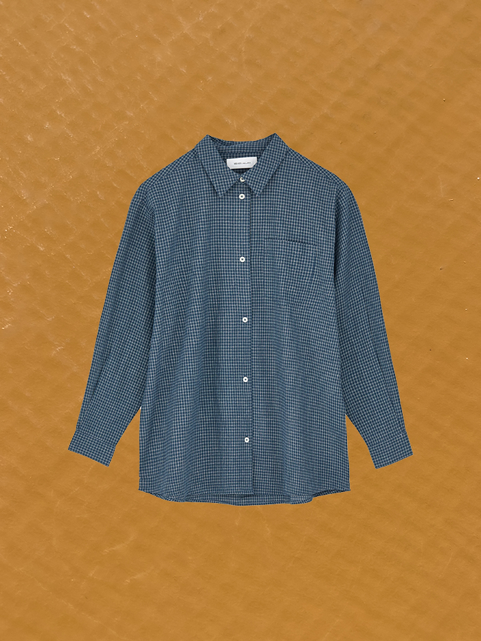 edgar shirt blue cream mini check gots organic cotton skall studio packshot