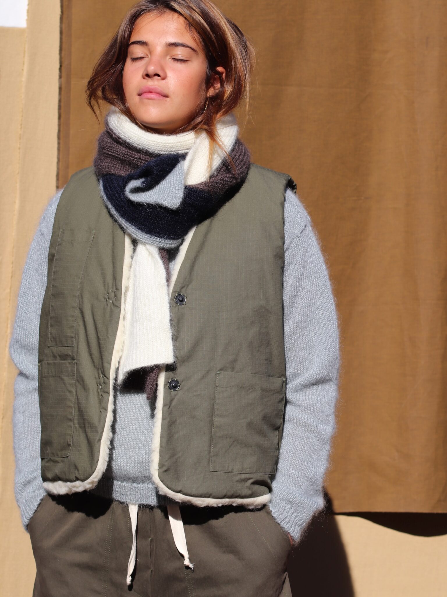 liv furry gilet wool cotton fant dark olive vest