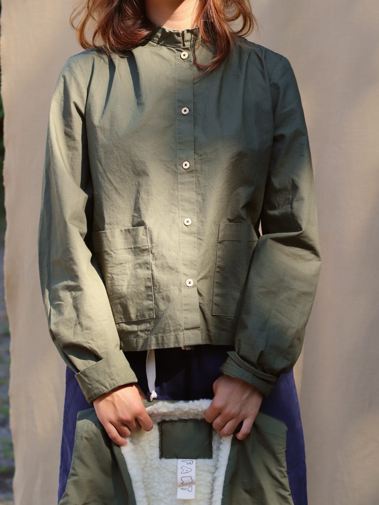 nikkie shirt jacket dark olive crisp stiff cotton fant