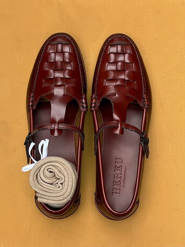 maqueda t-bar loafer calf leather russet interwoven hereu spain craftsmanship handmade with sock
