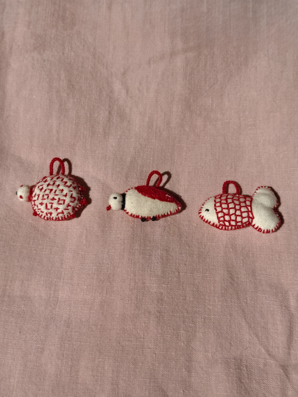raasleela ornaments Dilshad Banu's Billa badges fish bird hand embroidered gift handmade gift handmade ornament turtle fish bird