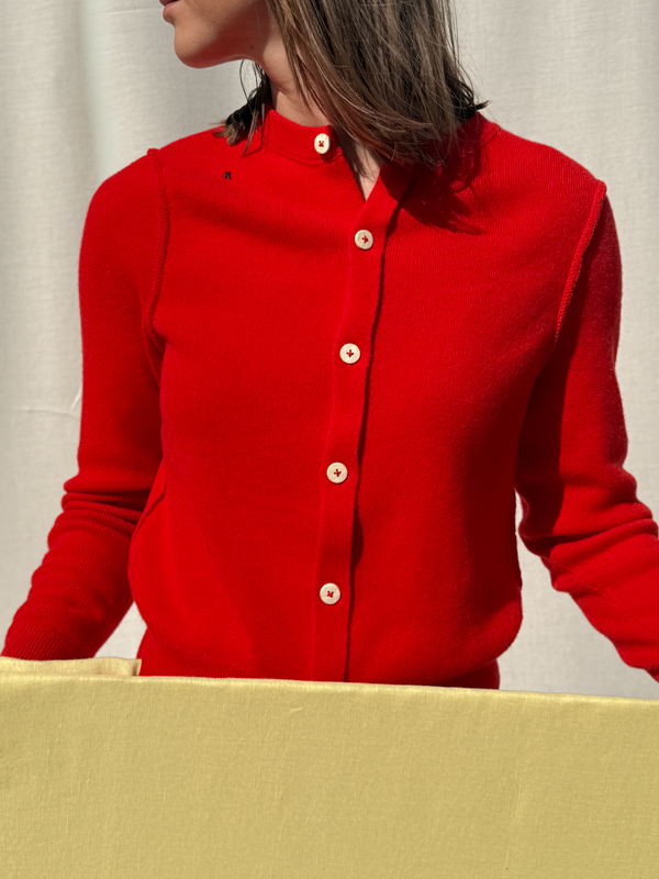 louisa cardigan red fant projects made in Italy knitwear mulesing free front model