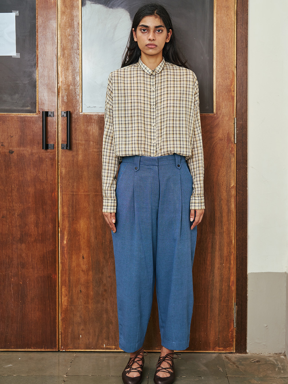 corin shirt charcoal beige checks cotton silk runaway bicycle full look