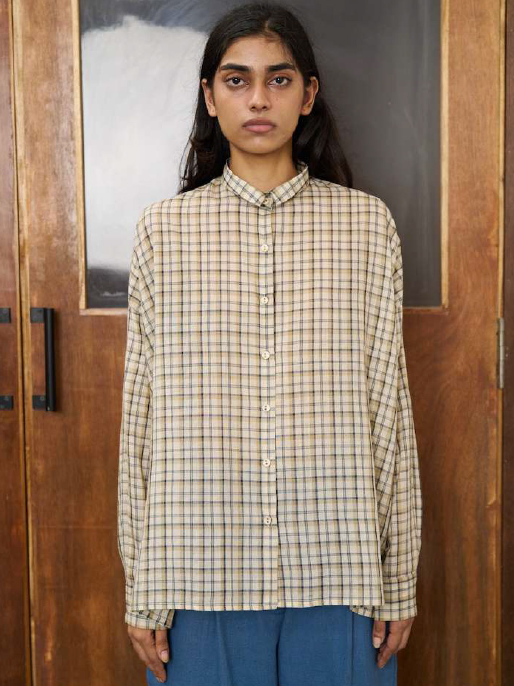 corin shirt charcoal beige checks cotton silk runawau bicycle