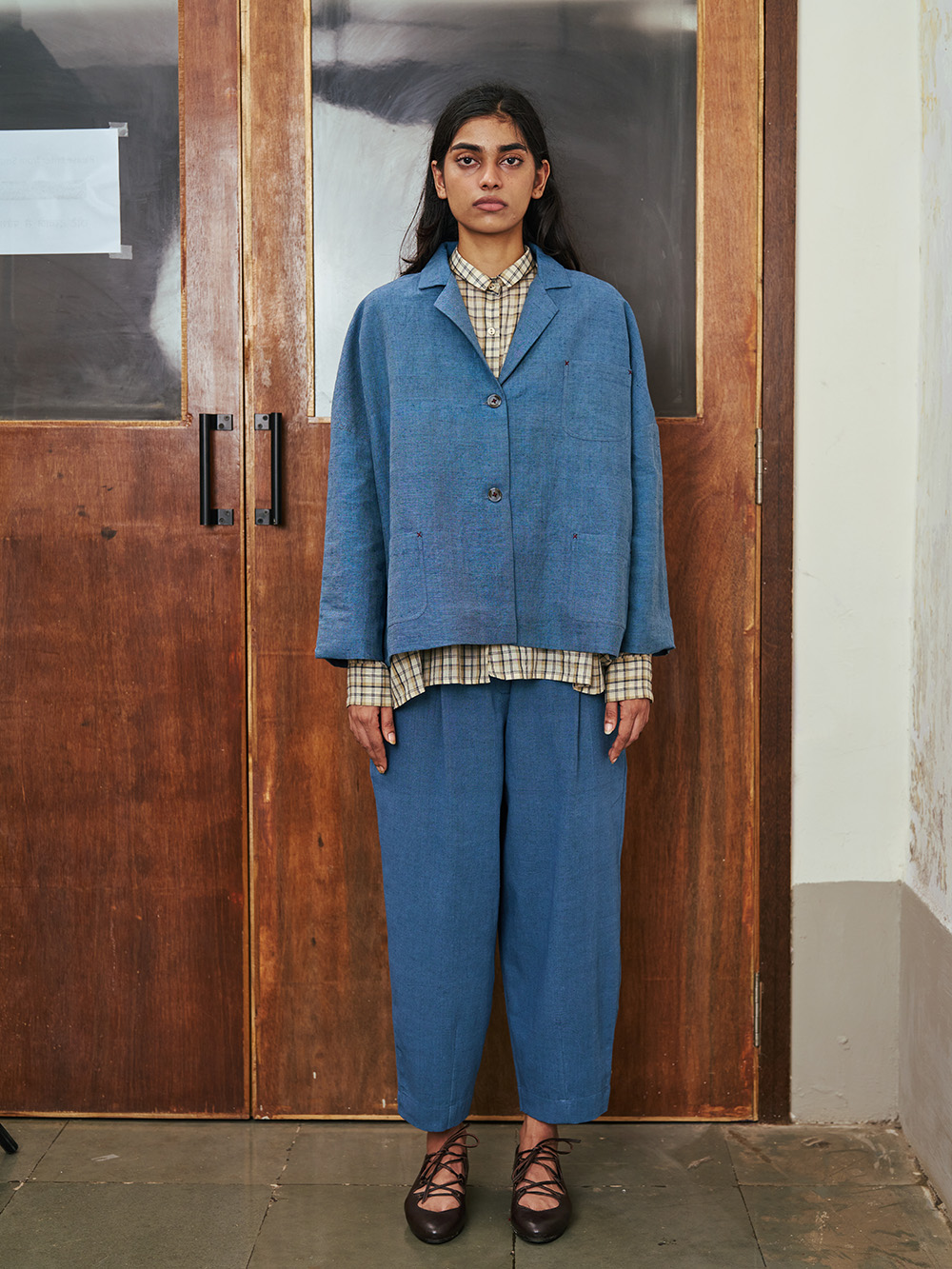 carl jacket handloom cotton steel blue jim pants tailored runaway bicycle india full look