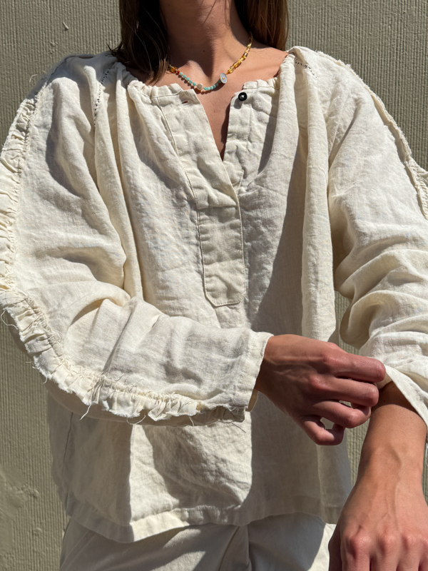 river blouse belgian linen fant projects the netherlands grain sleeves unfinished slow fashion sustainable close