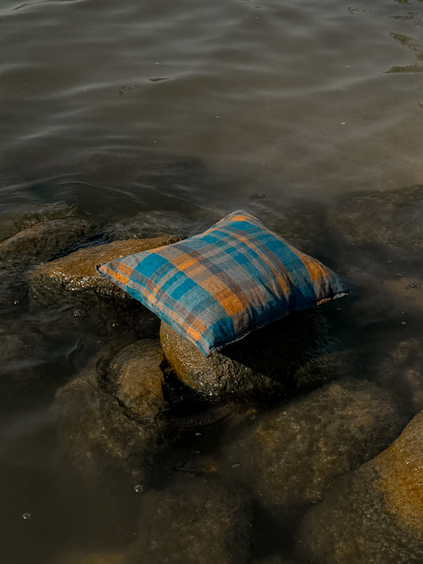 tartan linen cushion aqua ochre linge particulier French linen styling