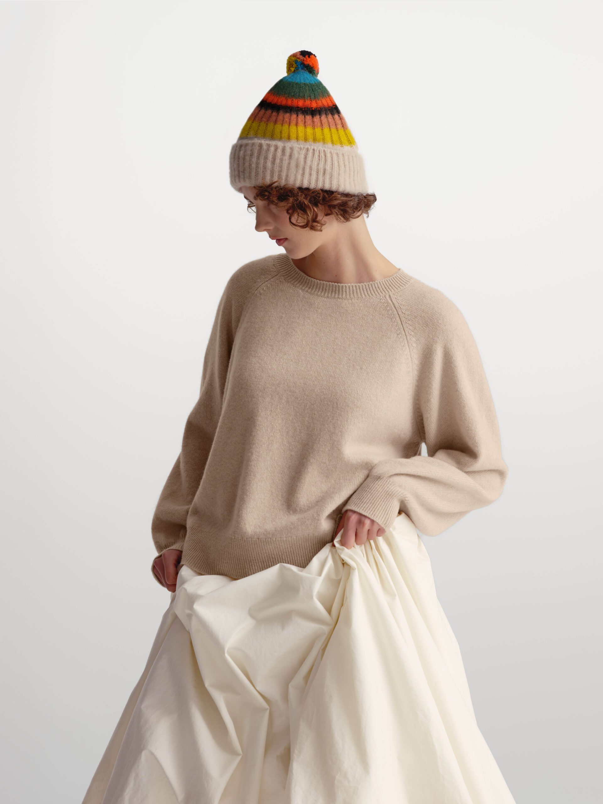 Brushed Multicolour pompom Hat oatmeal Scottish spun lambswool knitted Leicestershire England
