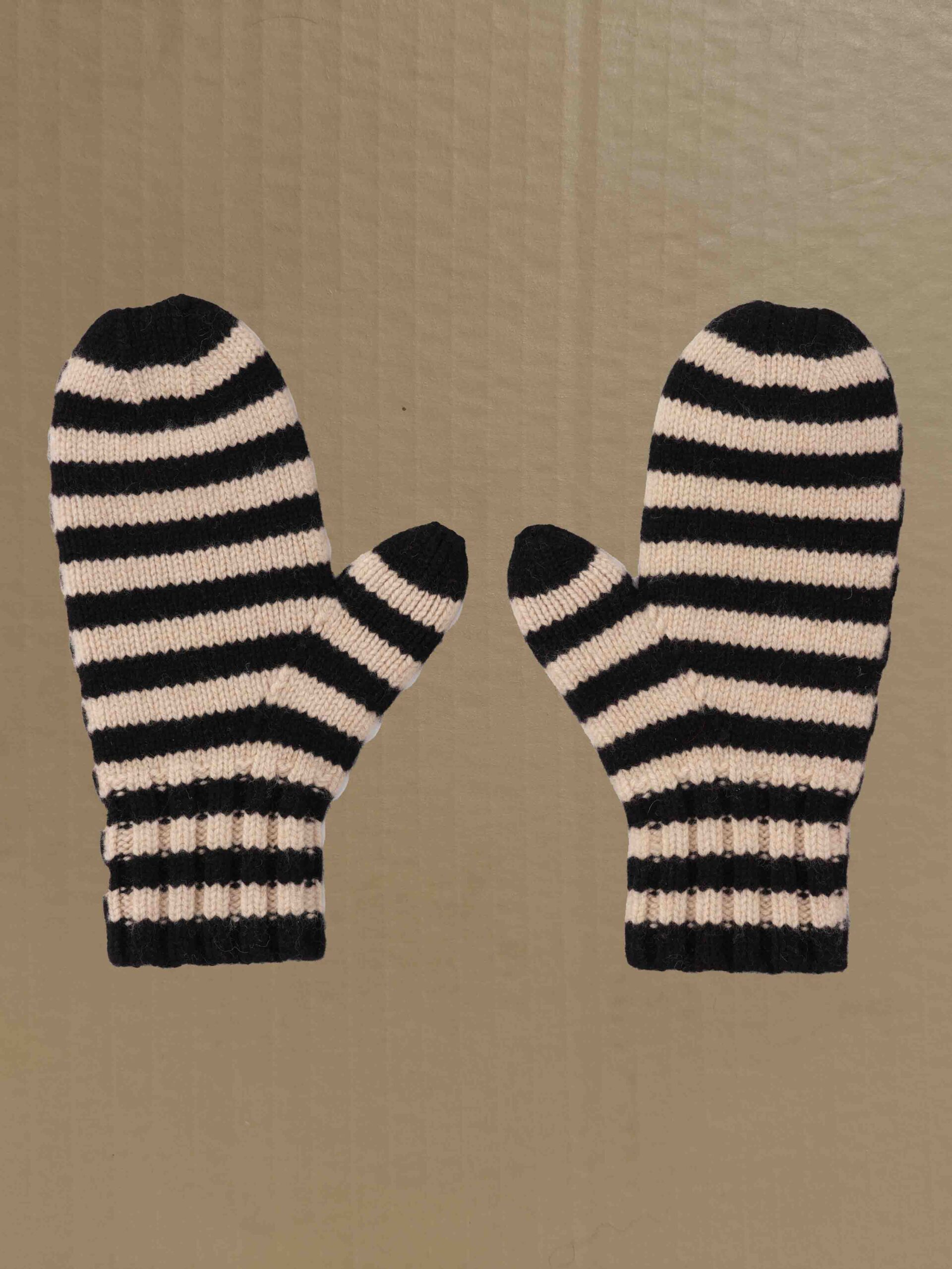 Felted stripe mittens black & oatmeal Scottish spun lambswool knitted Leicestershire England product