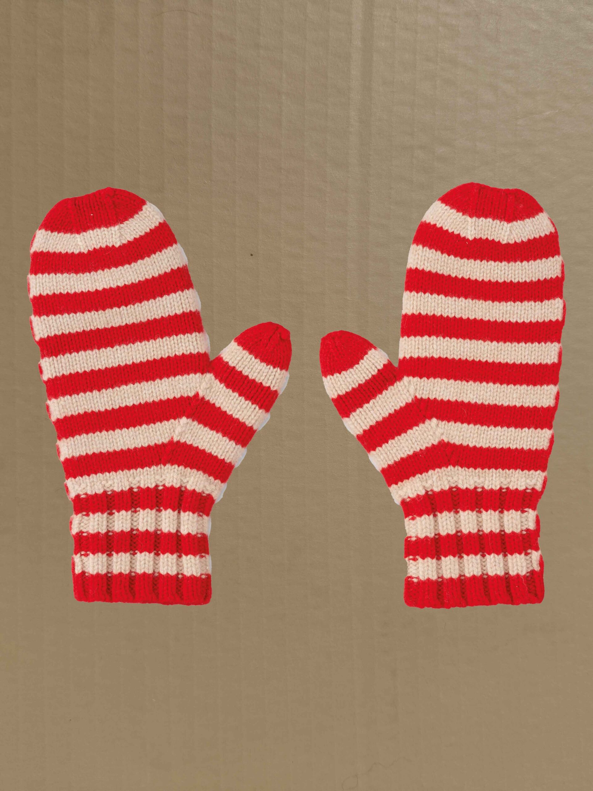 Felted stripe mittens poppy & oatmeal Scottish spun lambswool knitted Leicestershire England product