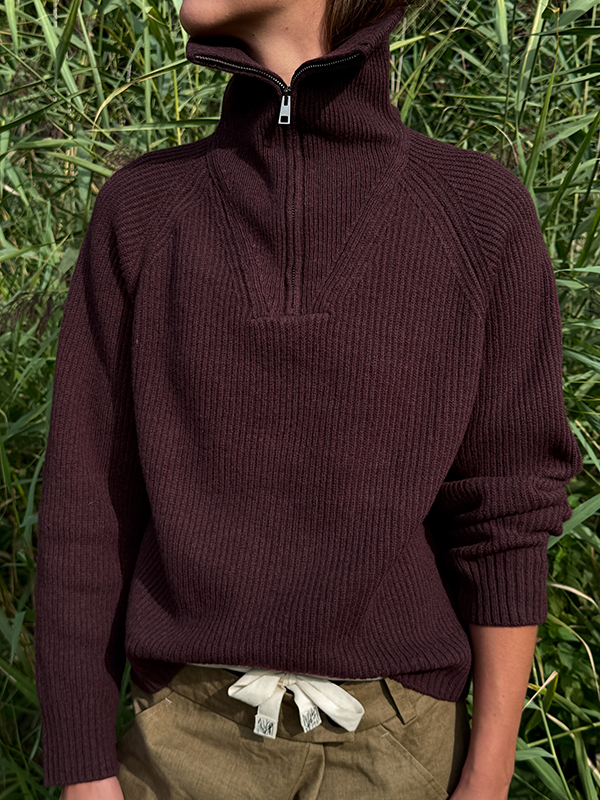 half quarter-zip recycled wool sweater rifo italy coffee brown zipper turtleneck Maglia Donna Lana Annalisa Brown Caffè
