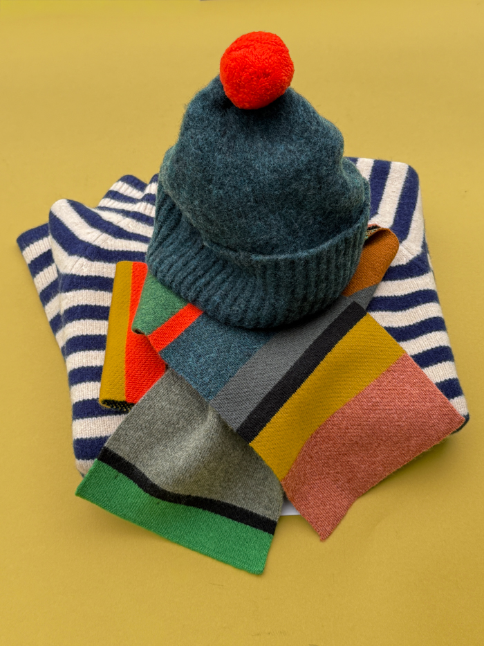 Striped Felted High Neck Jumper British blue oatmeal jo gordon knitwear Scotland jo gordon jumper color mix brushed plain hat lugano contrast pompom Scottish spun lambswool knitted Leicestershire England