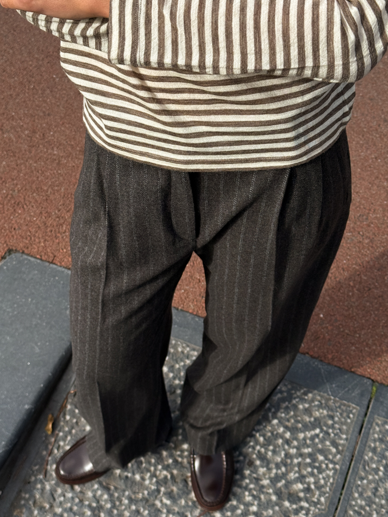 harry trousers brown black pinstripe wool cotton lining romania ethically made by skall studio denmark cover