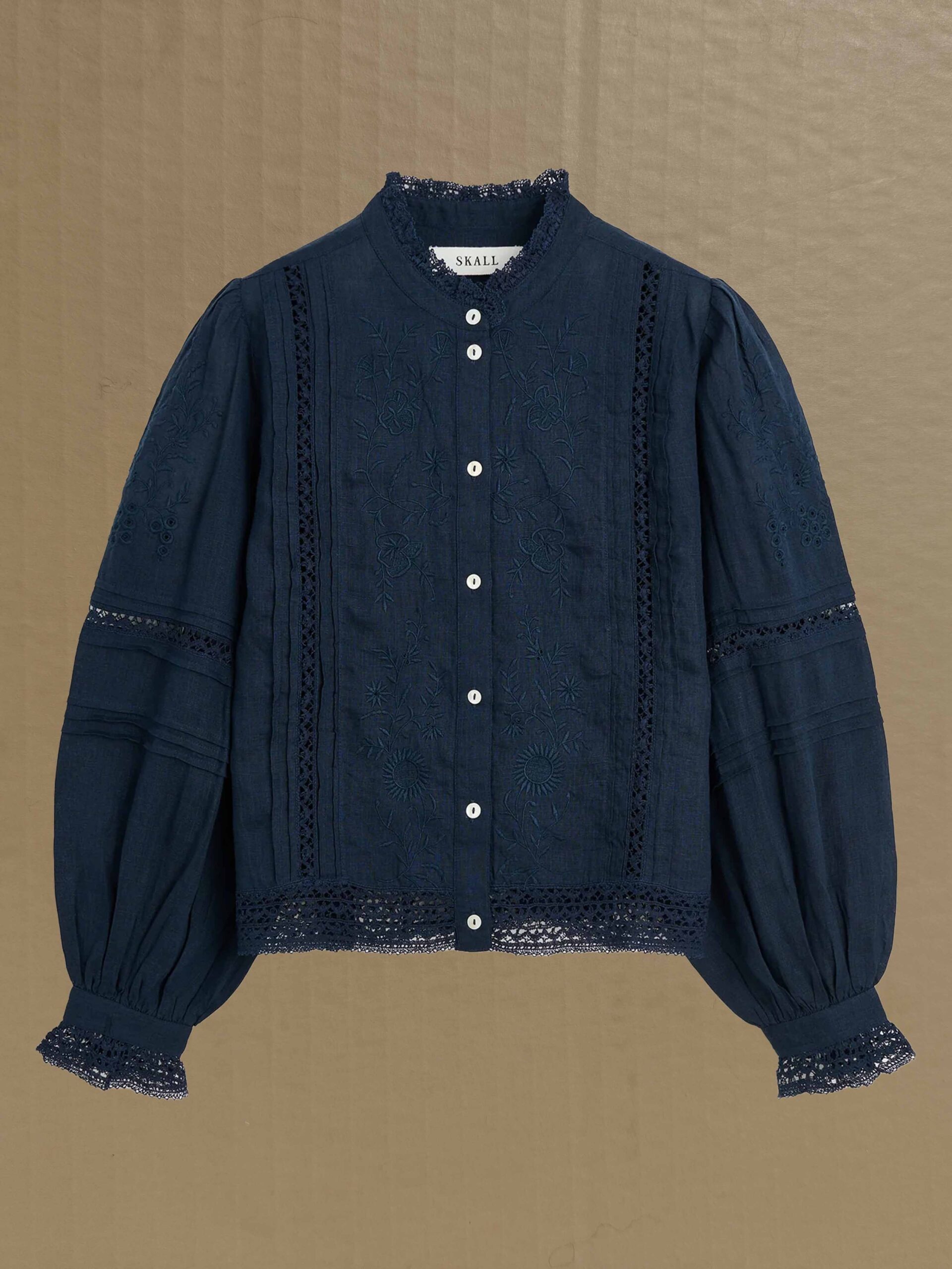 velina shirt dark navy lace embroidery linen india skall studio denmark product
