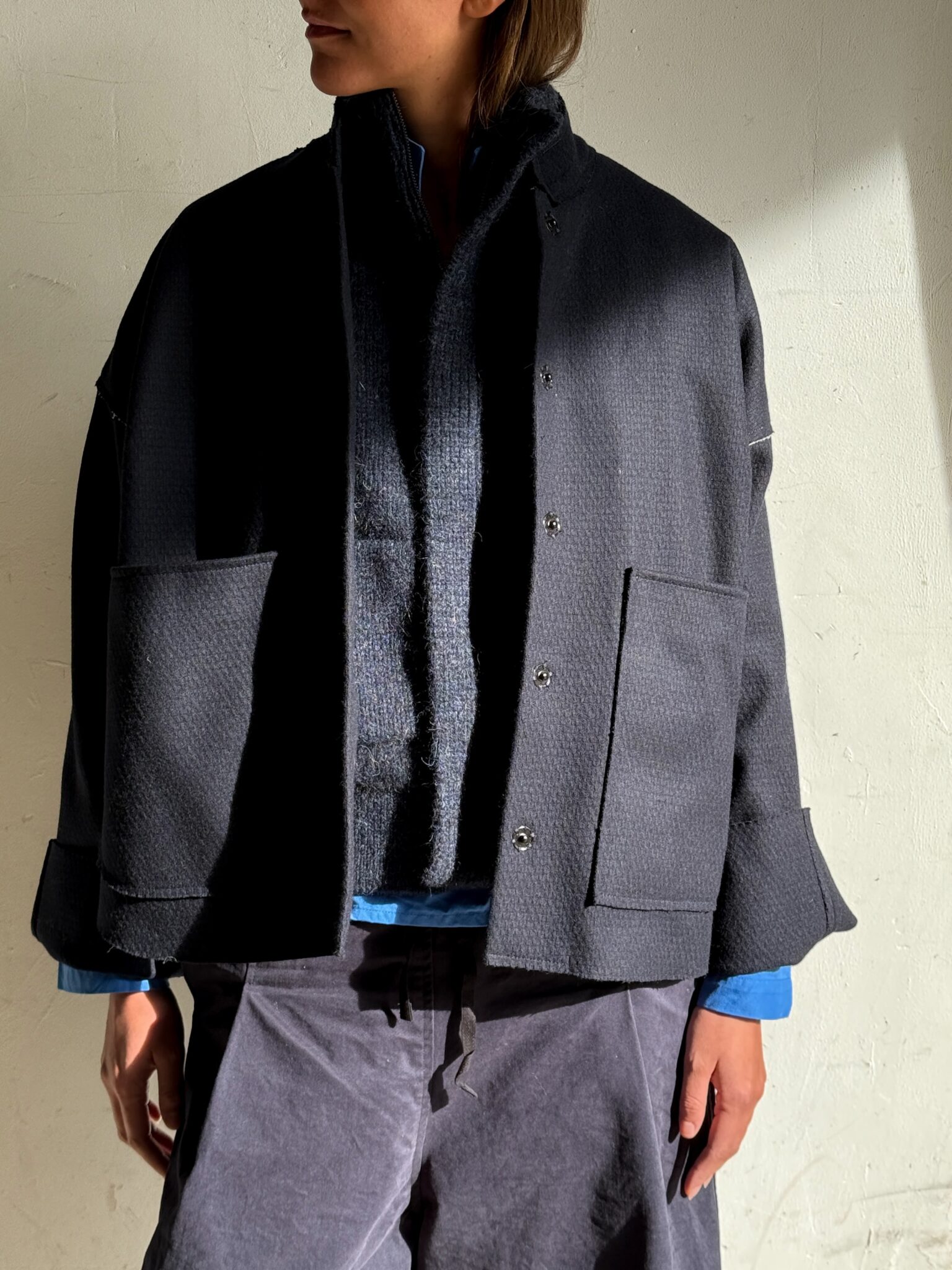 sara coat wool lined linen weave dark blue fant the netherlands front